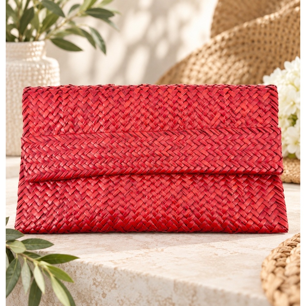 Red Woven Straw Envelope Clutch Bag Boho Coastal Resort Summer Statement Purse